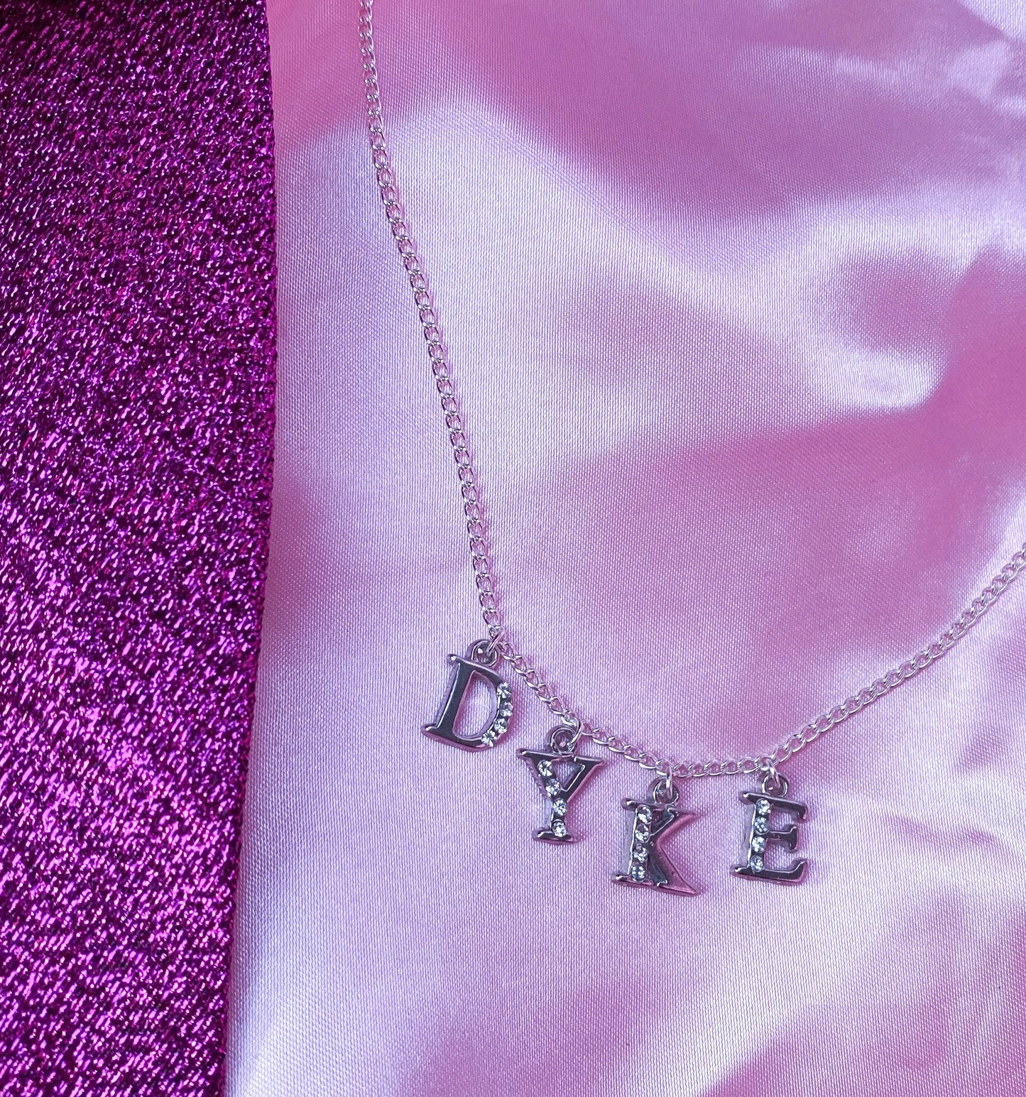 DYKE Diamanté silver colour word sparkly necklace Leftbians