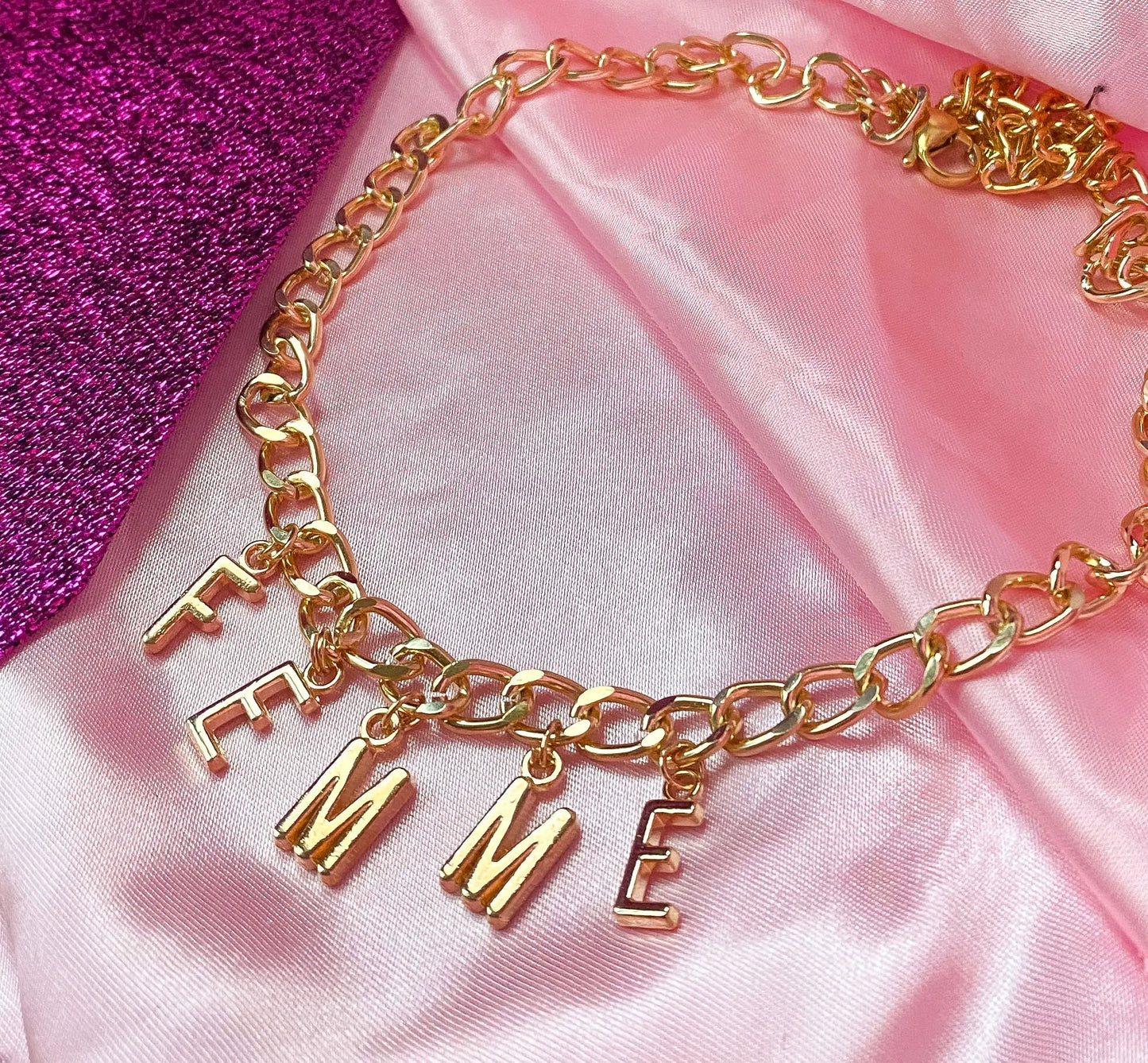 Chunky FEMME gold colour letter charm necklace Leftbians
