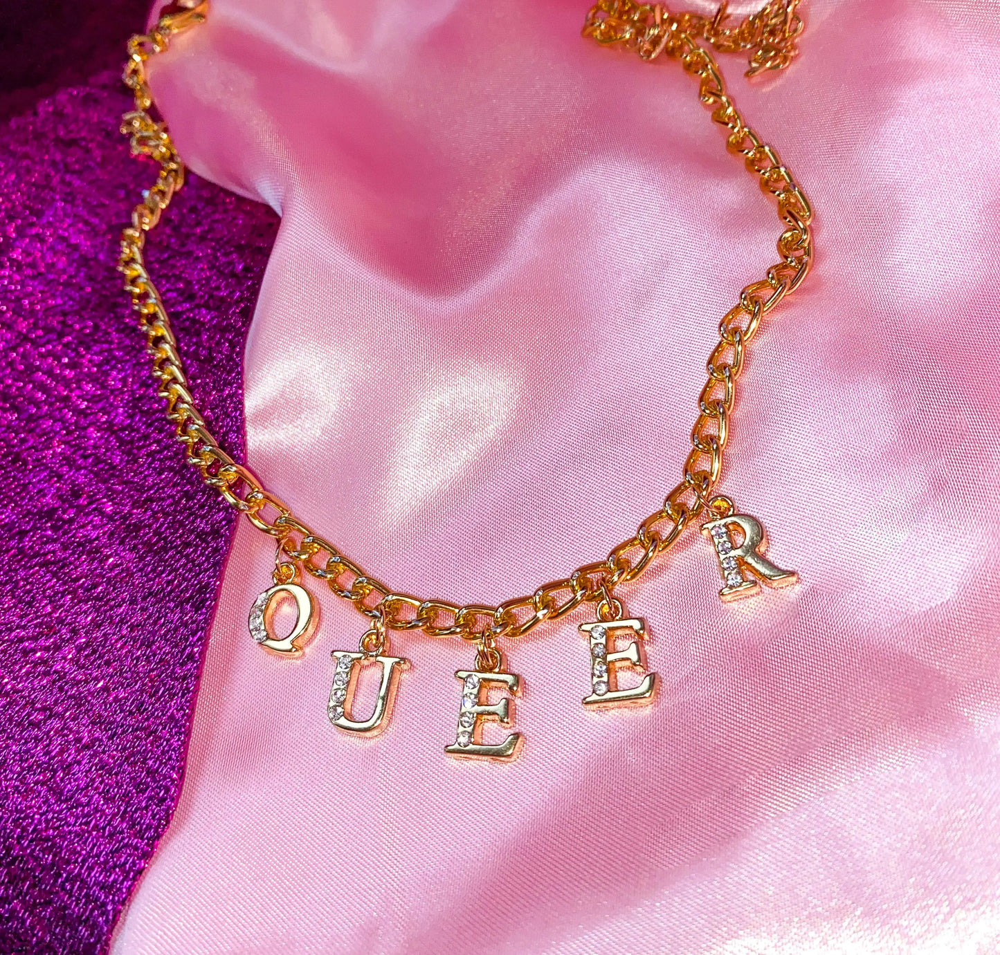 Diamanté QUEER gold colour letter charm necklace Leftbians