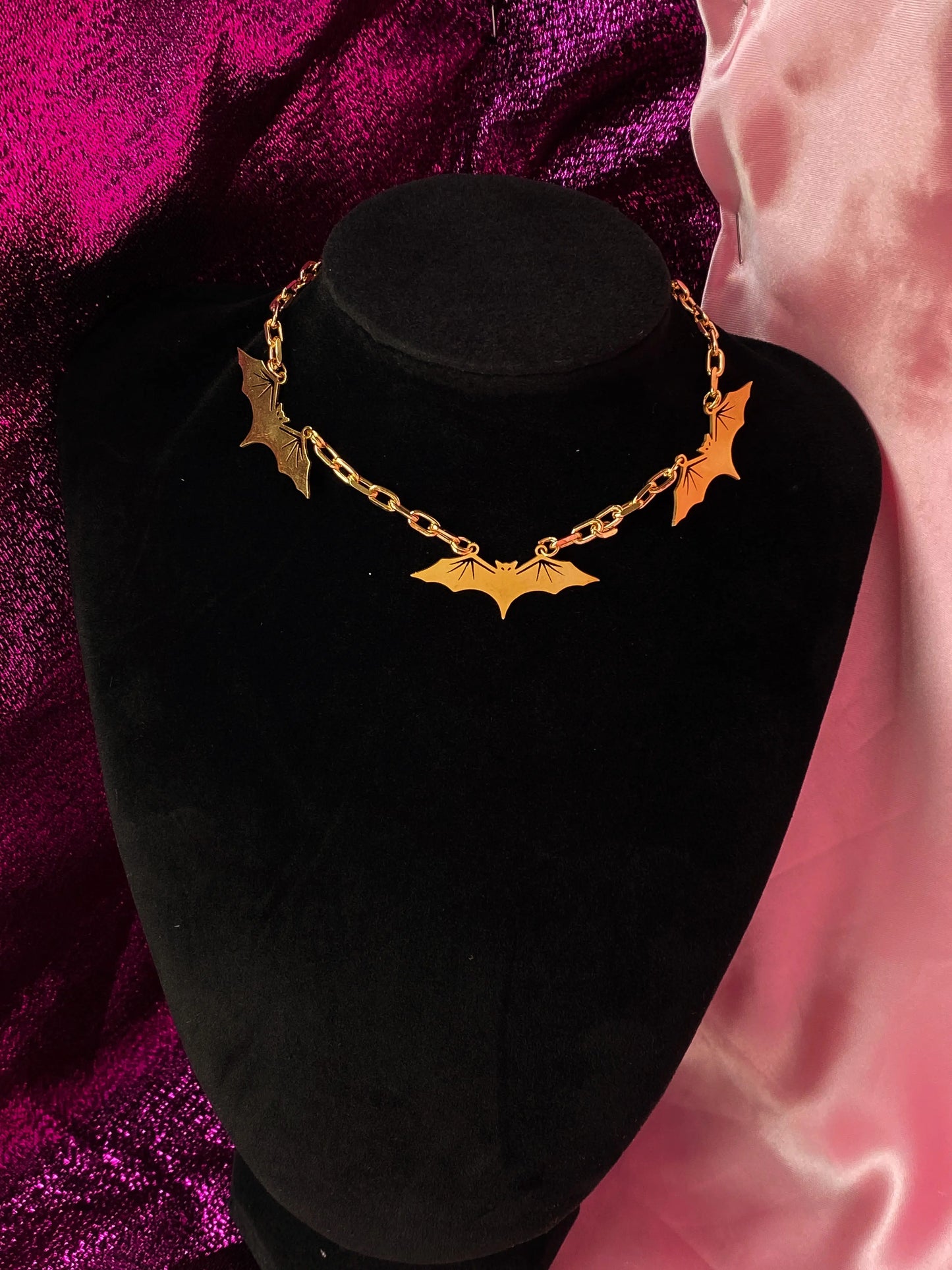 Golden flying bat necklace, golden colour handmade halloween necklace Leftbians