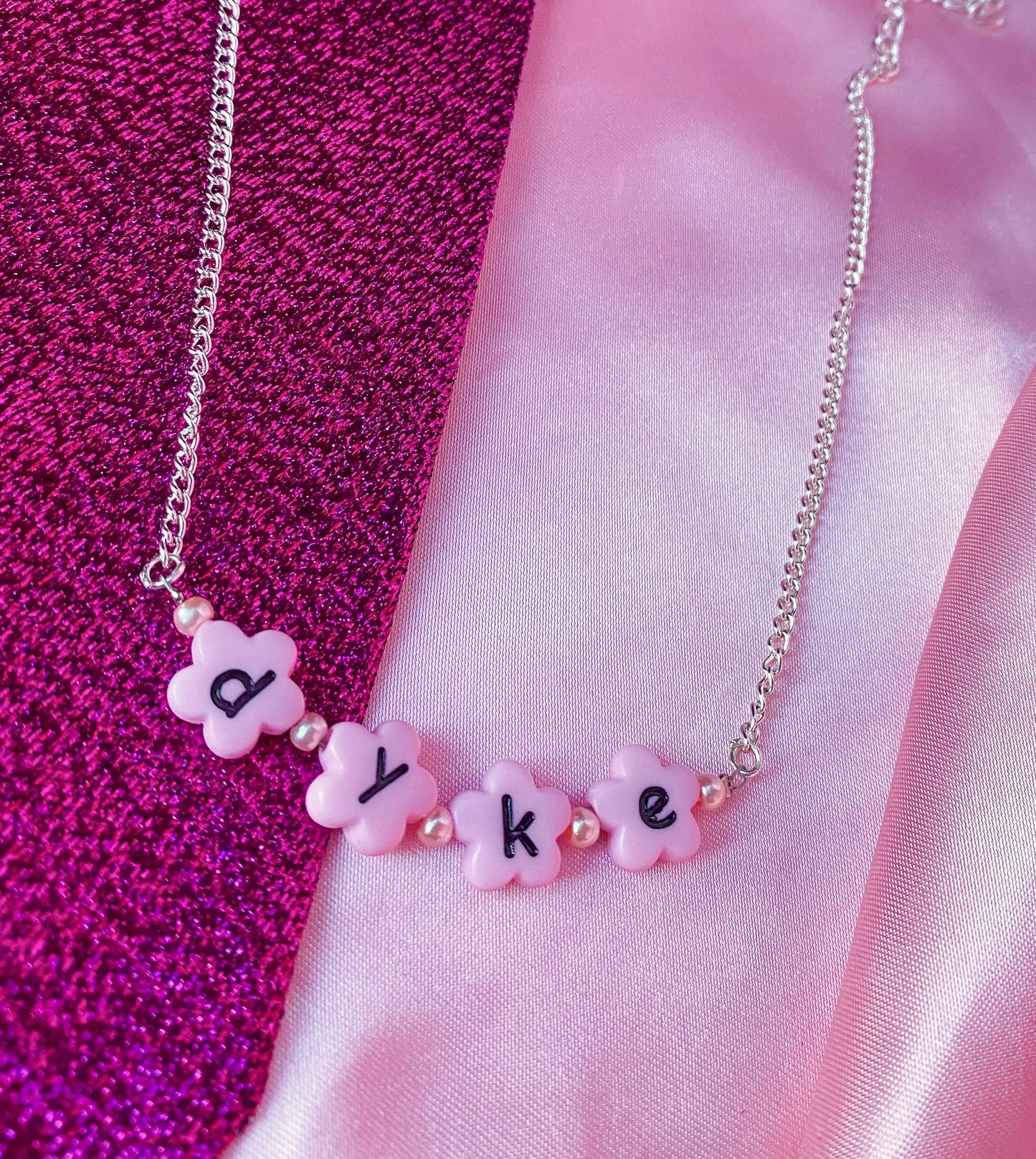 Pink Dyke flower shape bead letter bead necklace Leftbians