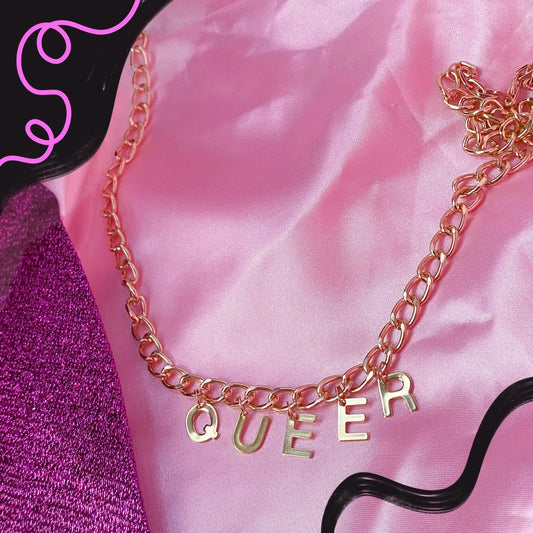 QUEER gold colour letter charm necklace Leftbians