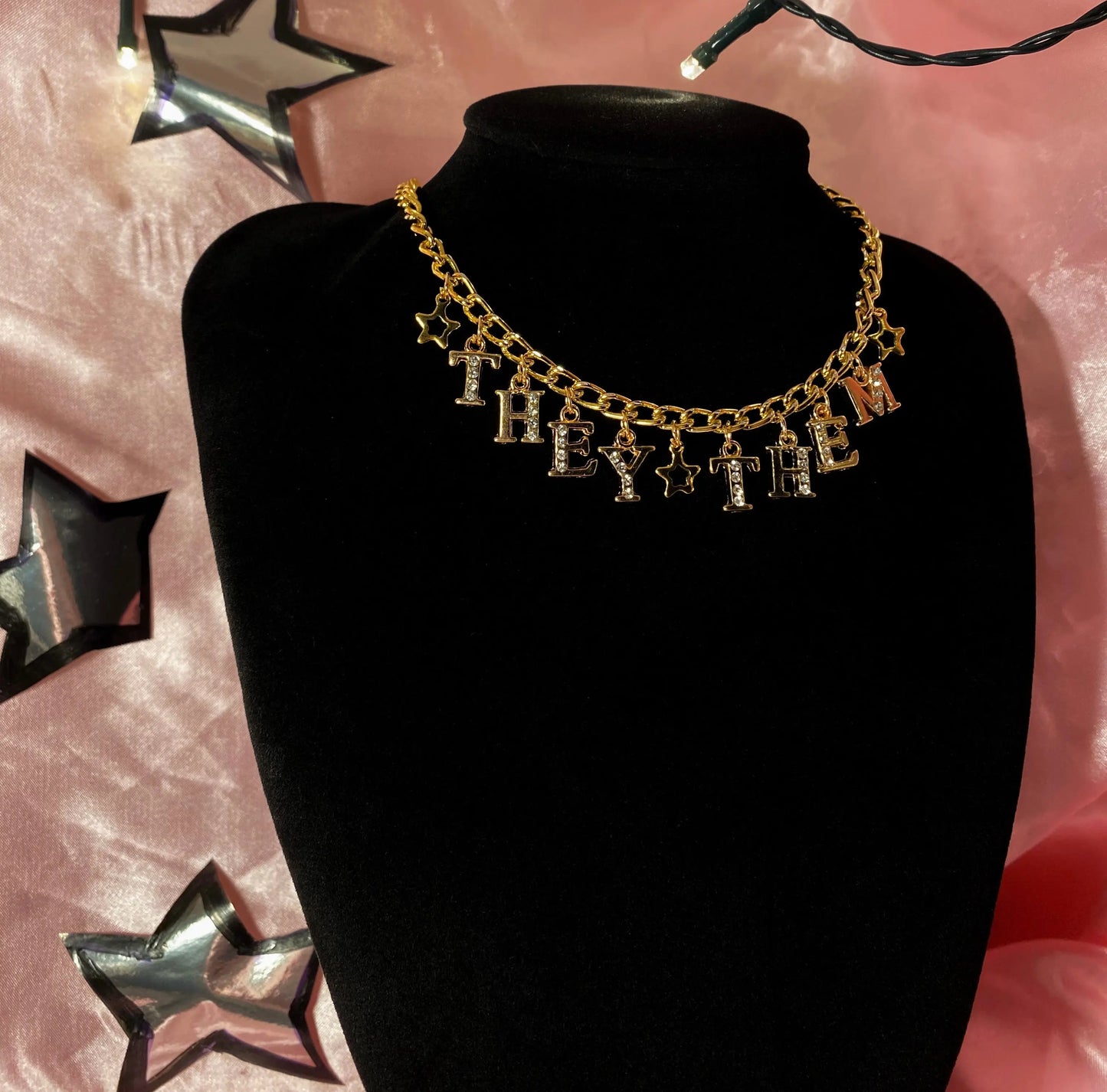 Diamanté THEY THEM gold colour pronoun necklace Leftbians