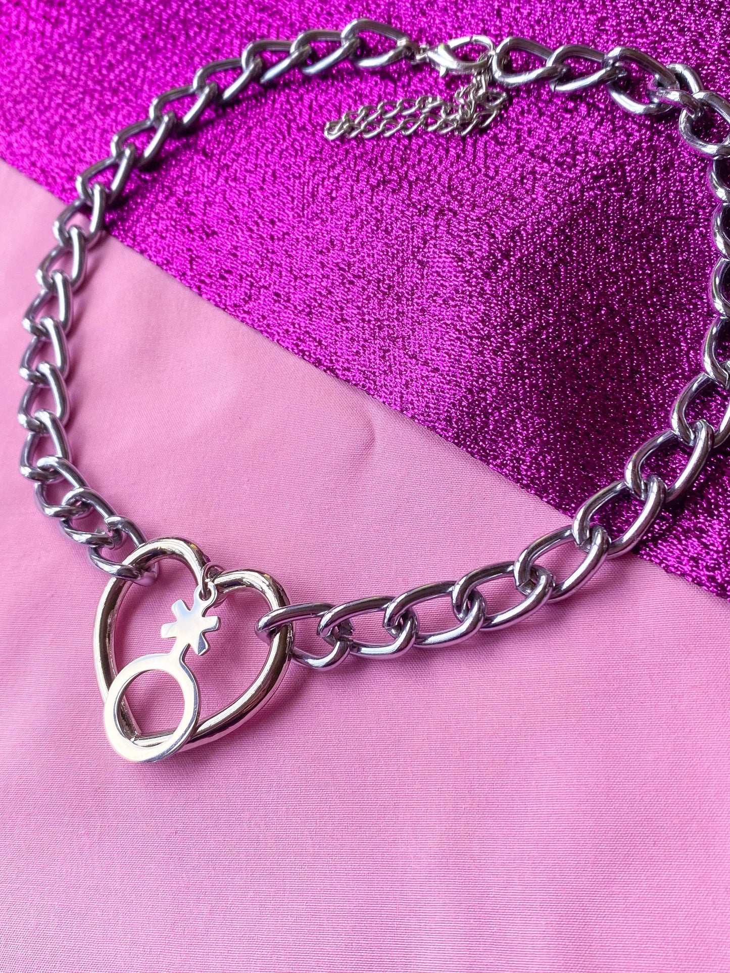 Heart O ring chain with Non Binary symbol on a chunky chain choker necklace Leftbians