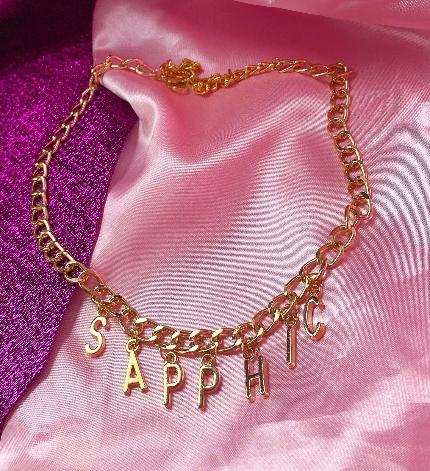 Chunky SAPPHIC gold colour letter charm necklace Leftbians