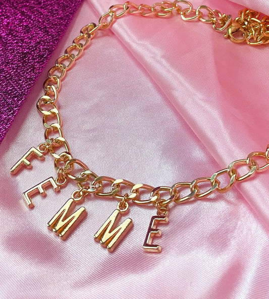 Chunky FEMME gold colour letter charm necklace Leftbians