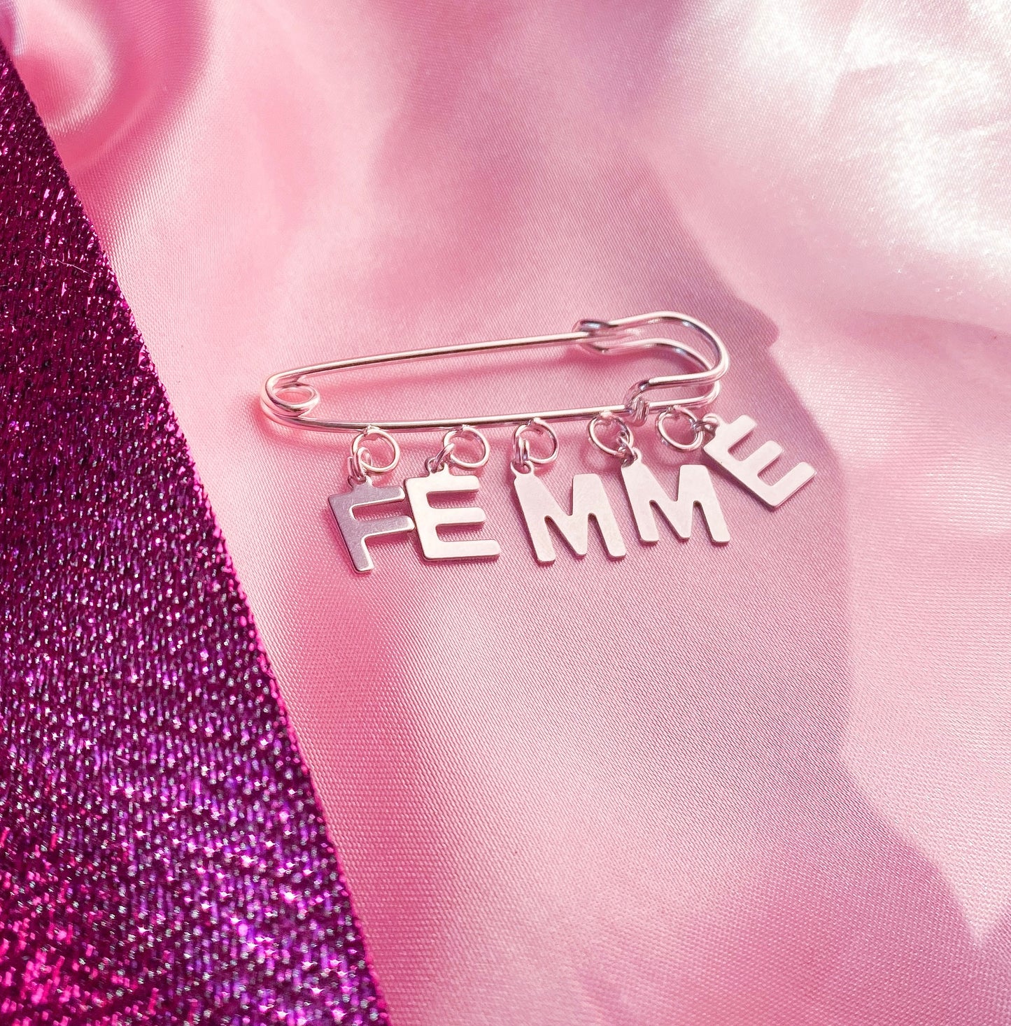FEMME letter charm word kilt pin brooch