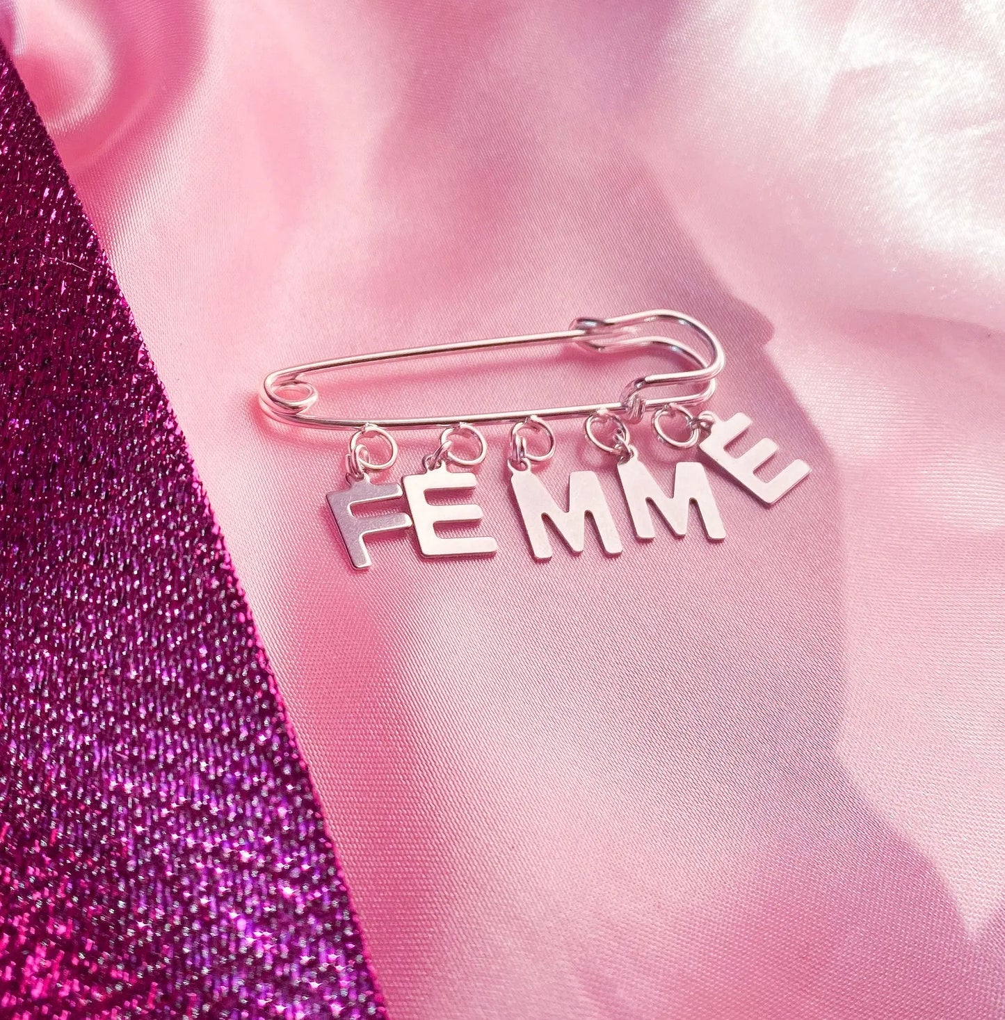 FEMME letter charm word kilt pin brooch Leftbians