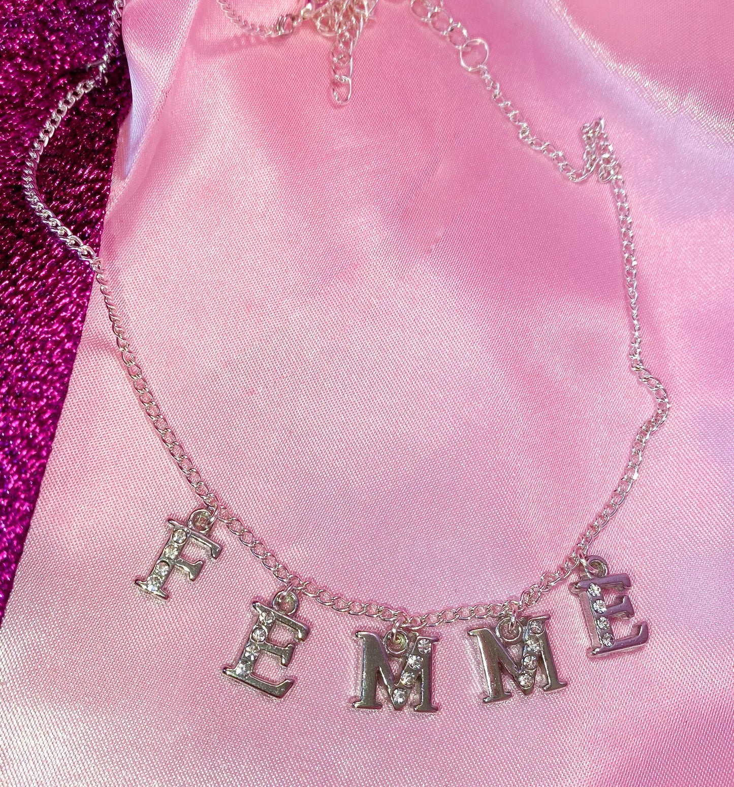 Femme Diamanté sparkly silver letter charm necklace Leftbians