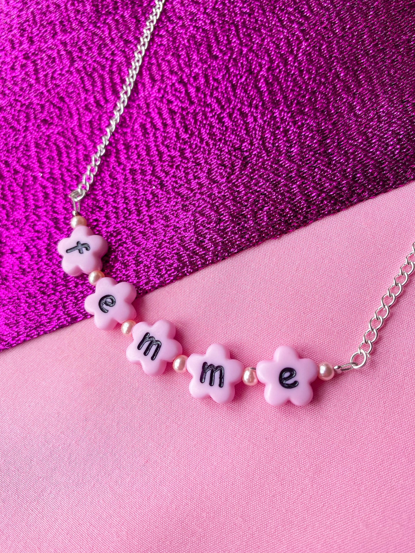 Pink Femme flower shape letter bead necklace Leftbians