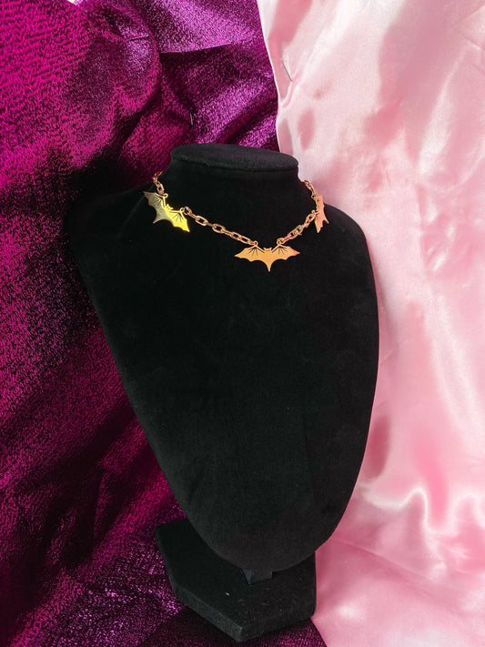 Golden flying bat necklace, golden colour handmade halloween necklace Leftbians