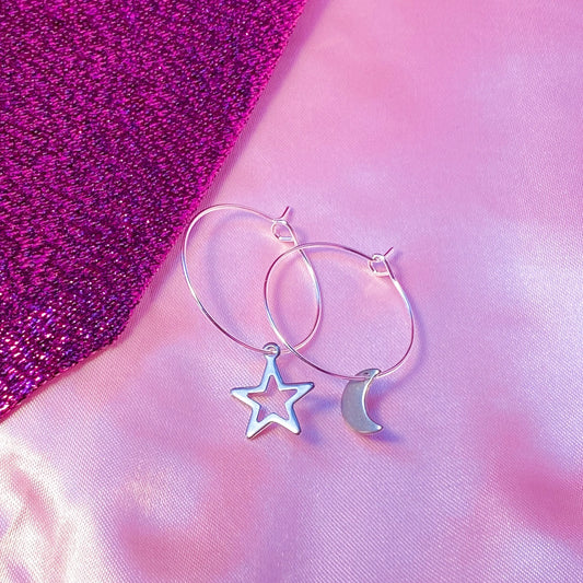 Silver star and moon charm hoop earrings, minimalist celestial earrings Leftbians
