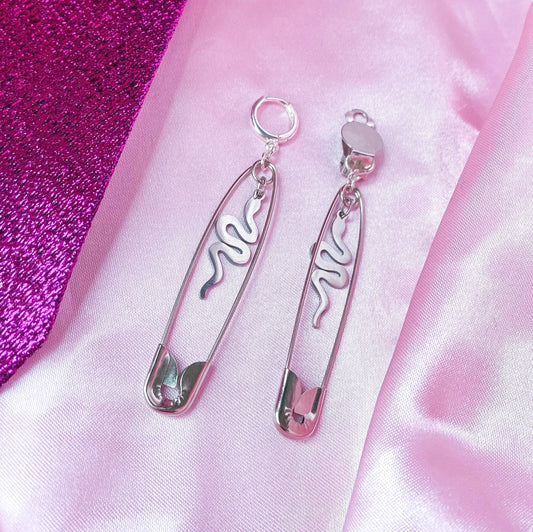 Safety pin earrings with snake charms Leftbians