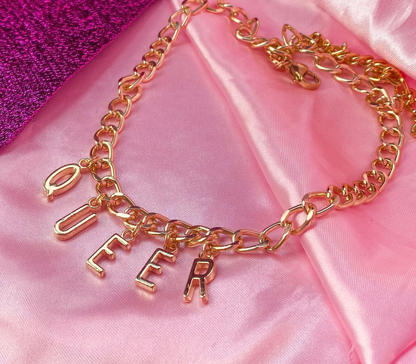 Chunky QUEER gold colour letter charm necklace Leftbians