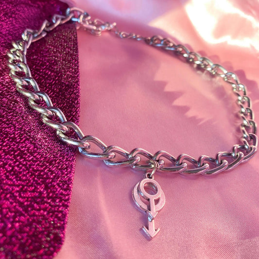 Double mars, layered male symbol charms, chunky chain choker necklace Leftbians