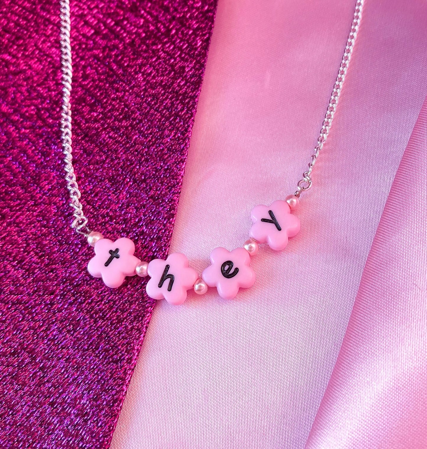 Pink THEY flower shape letter bead necklace Leftbians