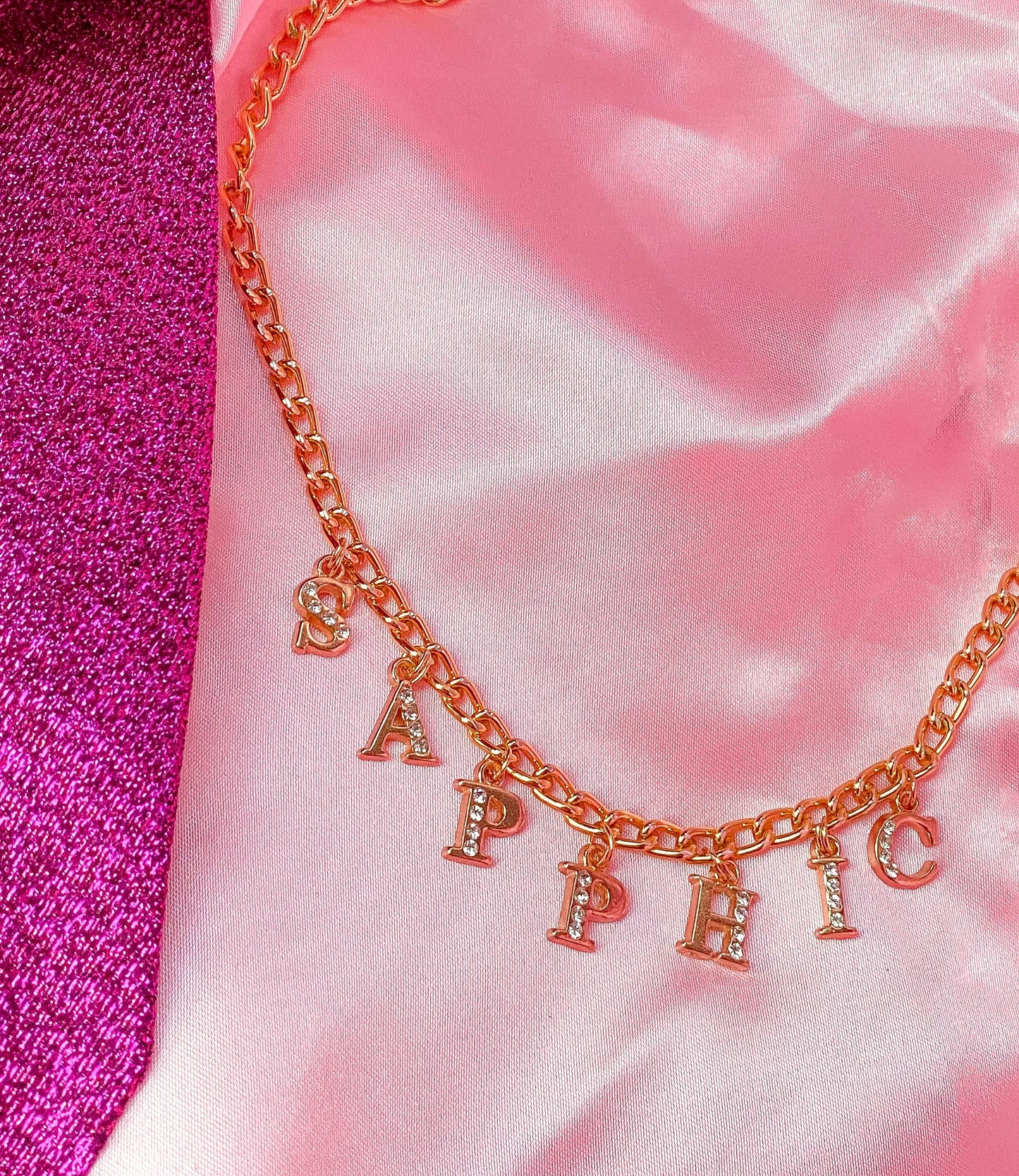 Diamanté SAPPHIC gold colour letter charm necklace Leftbians