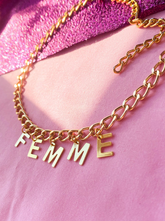 FEMME gold colour letter charm necklace Leftbians