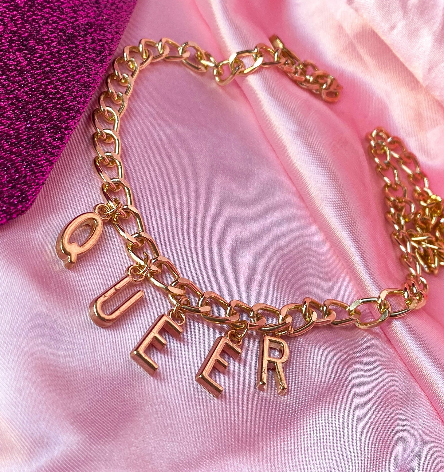 Chunky QUEER gold colour letter charm necklace
