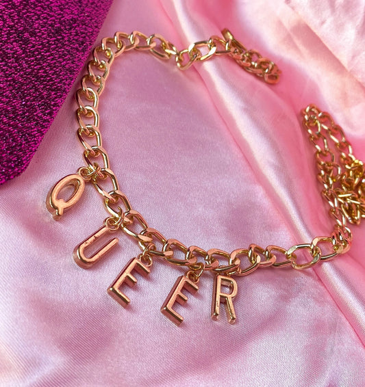 Chunky QUEER gold colour letter charm necklace Leftbians