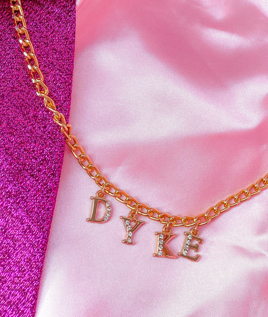 Diamanté DYKE gold colour letter charm necklace Leftbians