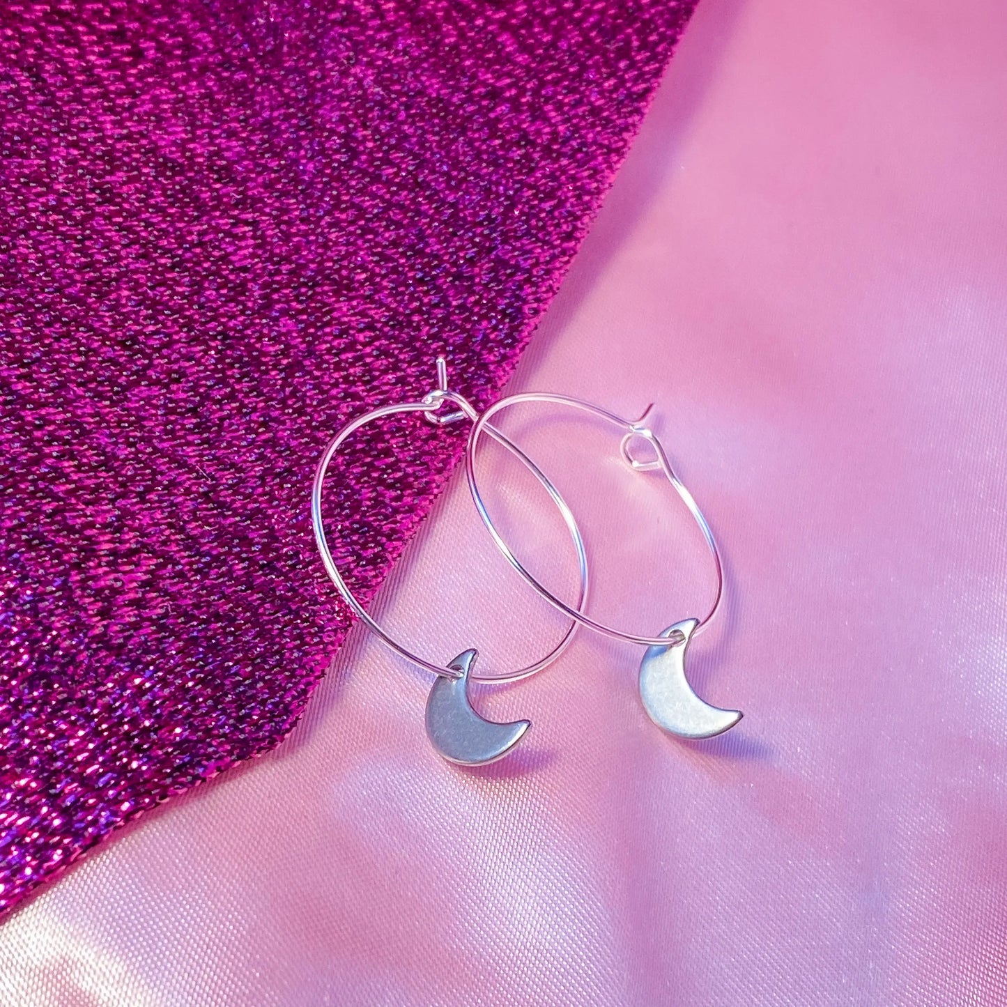 Silver moon charm hoop earrings, minimalist celestial earrings Leftbians