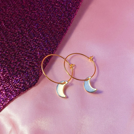 Gold moon charm hoop earrings, minimalist celestial earrings Leftbians
