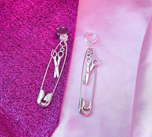 Safety pin earrings with scissor charms Leftbians
