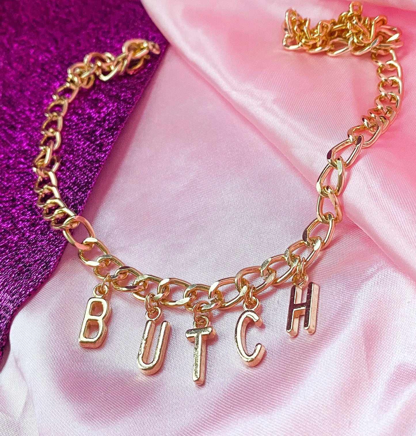 Chunky BUTCH gold colour letter charm necklace Leftbians