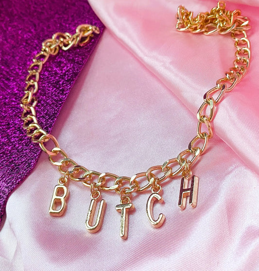 Chunky BUTCH gold colour letter charm necklace Leftbians