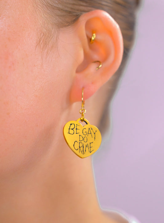 Gold Be Gay Do Crime Barbed Wire Heart Silver Stainless Steel Earrings Leftbians