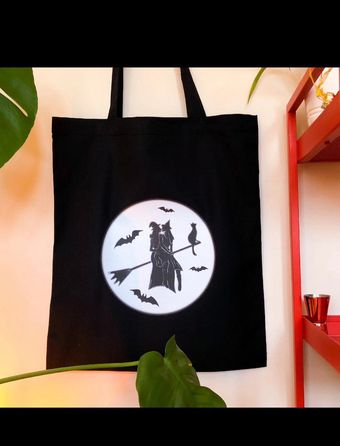 Gay witches on a broomstick , black tote bag