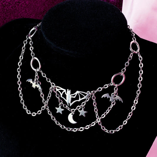Flying bat necklace, stainless steel handmade halloween necklace Leftbians