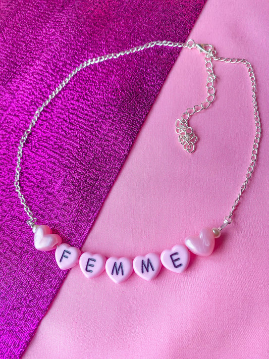 Pink Femme love heart letter bead necklace Leftbians