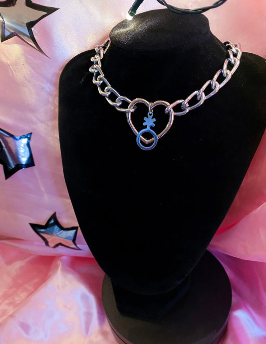 Heart O ring chain with Non Binary symbol on a chunky chain choker necklace Leftbians