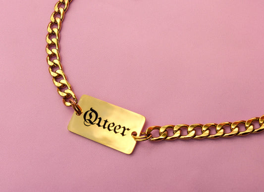 Queer gothic text chain necklace in gold stainless steel Leftbians