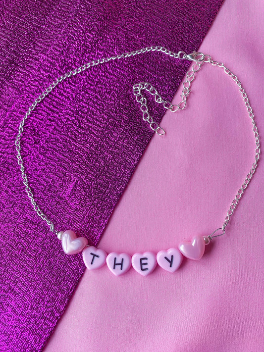 Pink They love heart pronoun letter bead necklace Leftbians