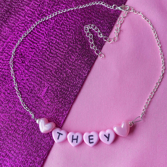 Pink They love heart pronoun letter bead necklace Leftbians