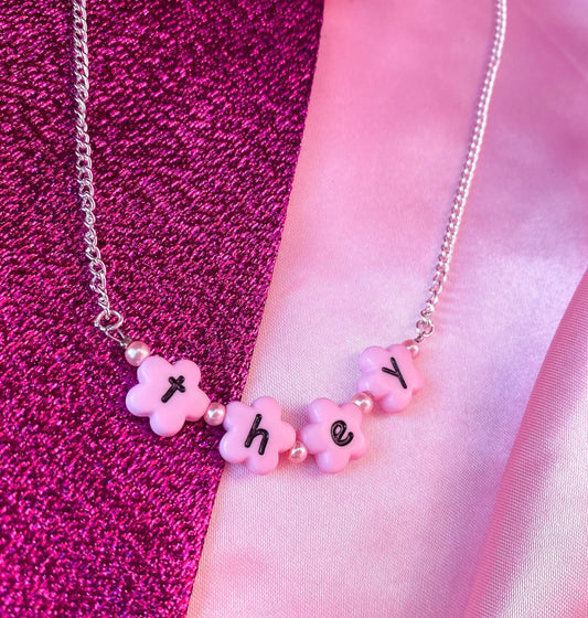 Pink THEY flower shape letter bead necklace Leftbians