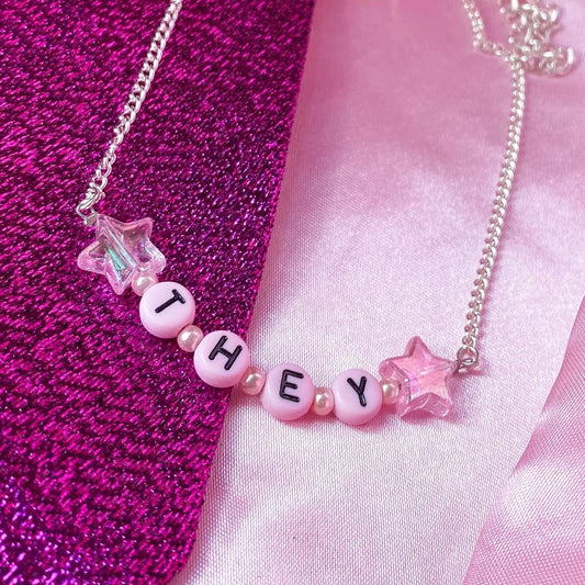 Pink THEY letter bead necklace Leftbians