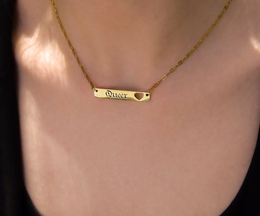 Queer gothic text on bar pendant necklace gold stainless steel Leftbians