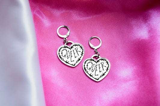 Queer Barbed Wire Heart Silver Stainless Steel Earrings Leftbians