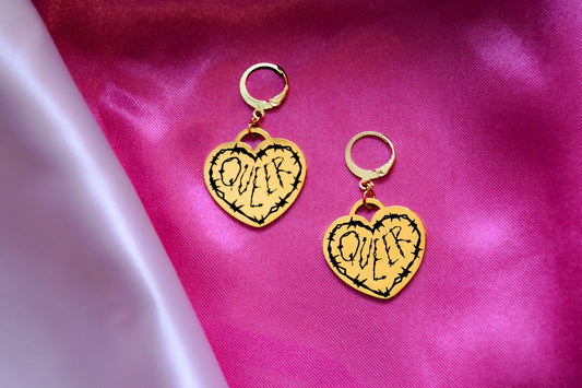 Gold Queer Barbed Wire Heart Stainless Steel Earrings Leftbians