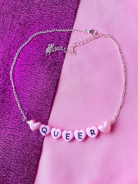 Pink Queer love heart letter bead necklace Leftbians