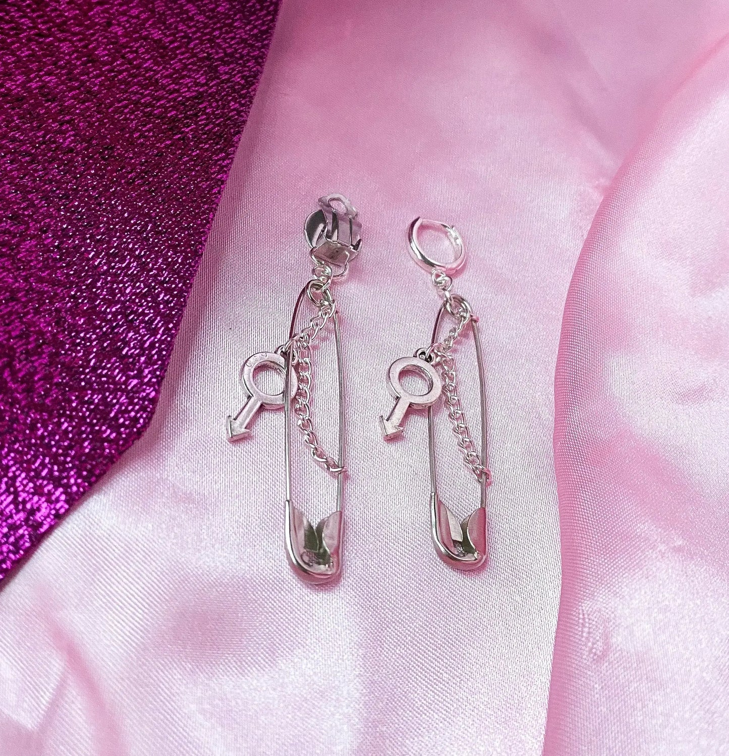 Safety pin earrings with Mars symbol charm Leftbians