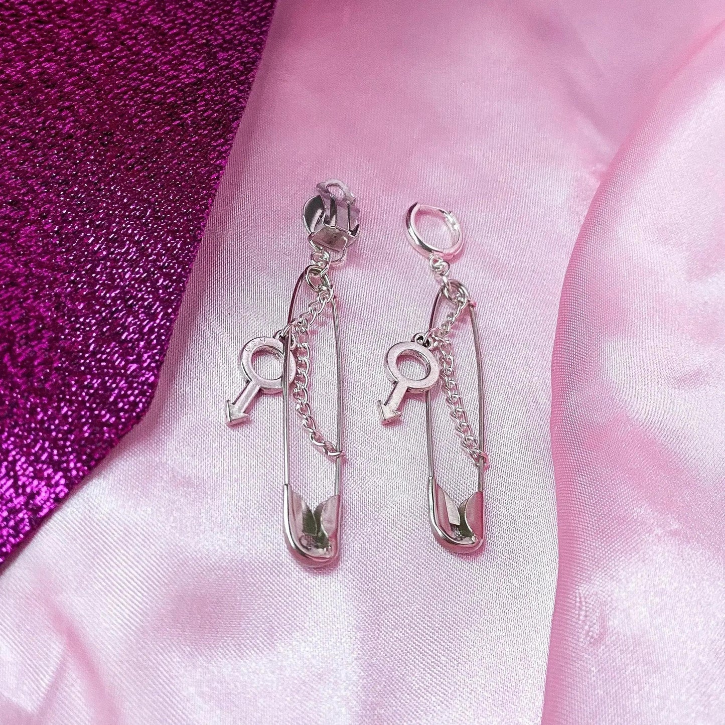 Safety pin earrings with Mars symbol charm Leftbians