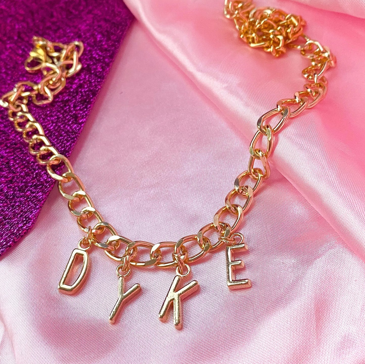 Chunky DYKE gold colour letter charm necklace Leftbians