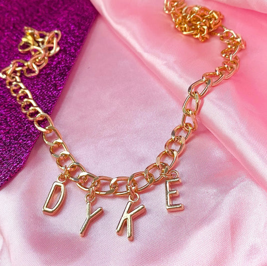 Chunky DYKE gold colour letter charm necklace Leftbians