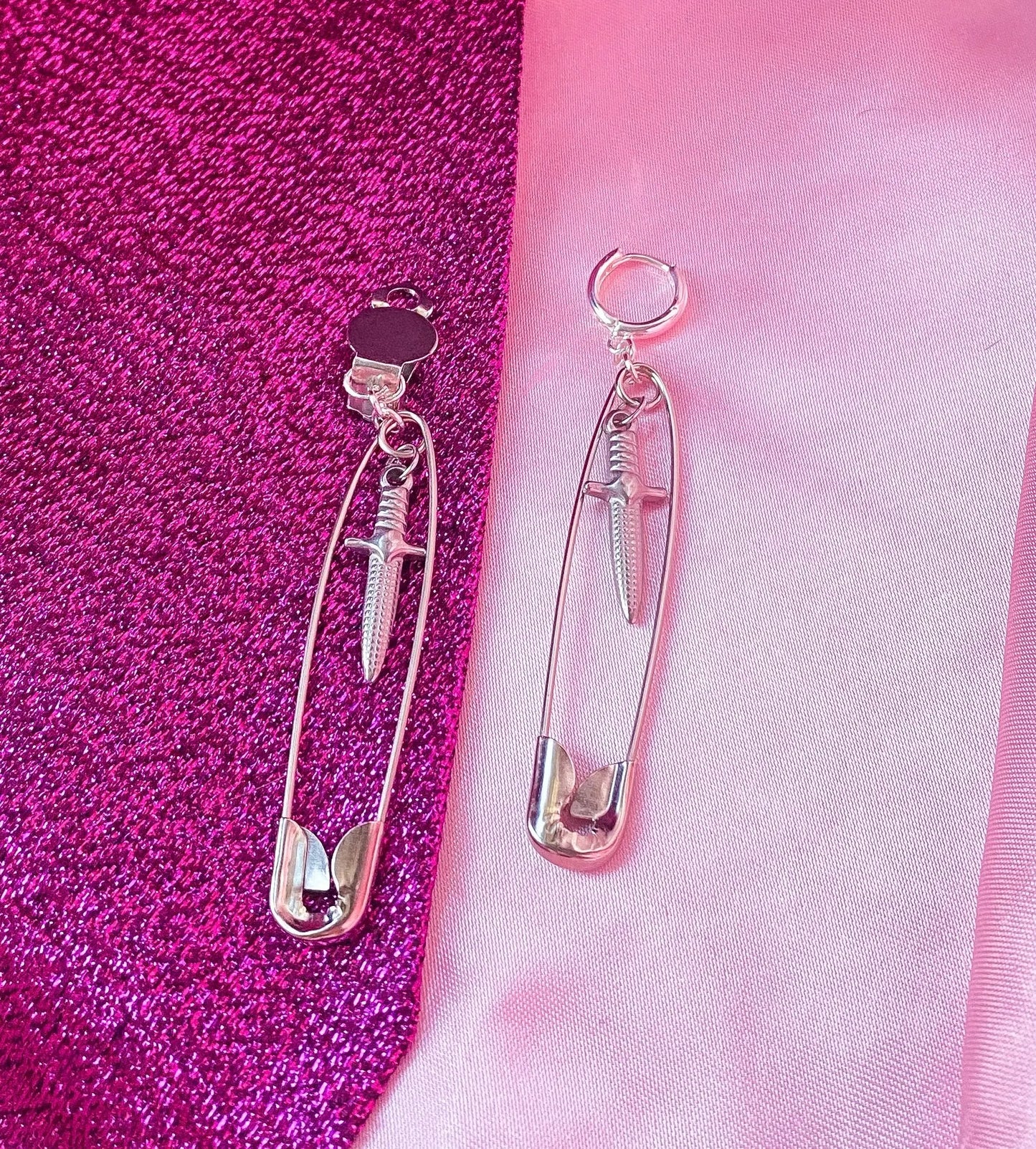 Safety pin and Dagger charm earrings Leftbians
