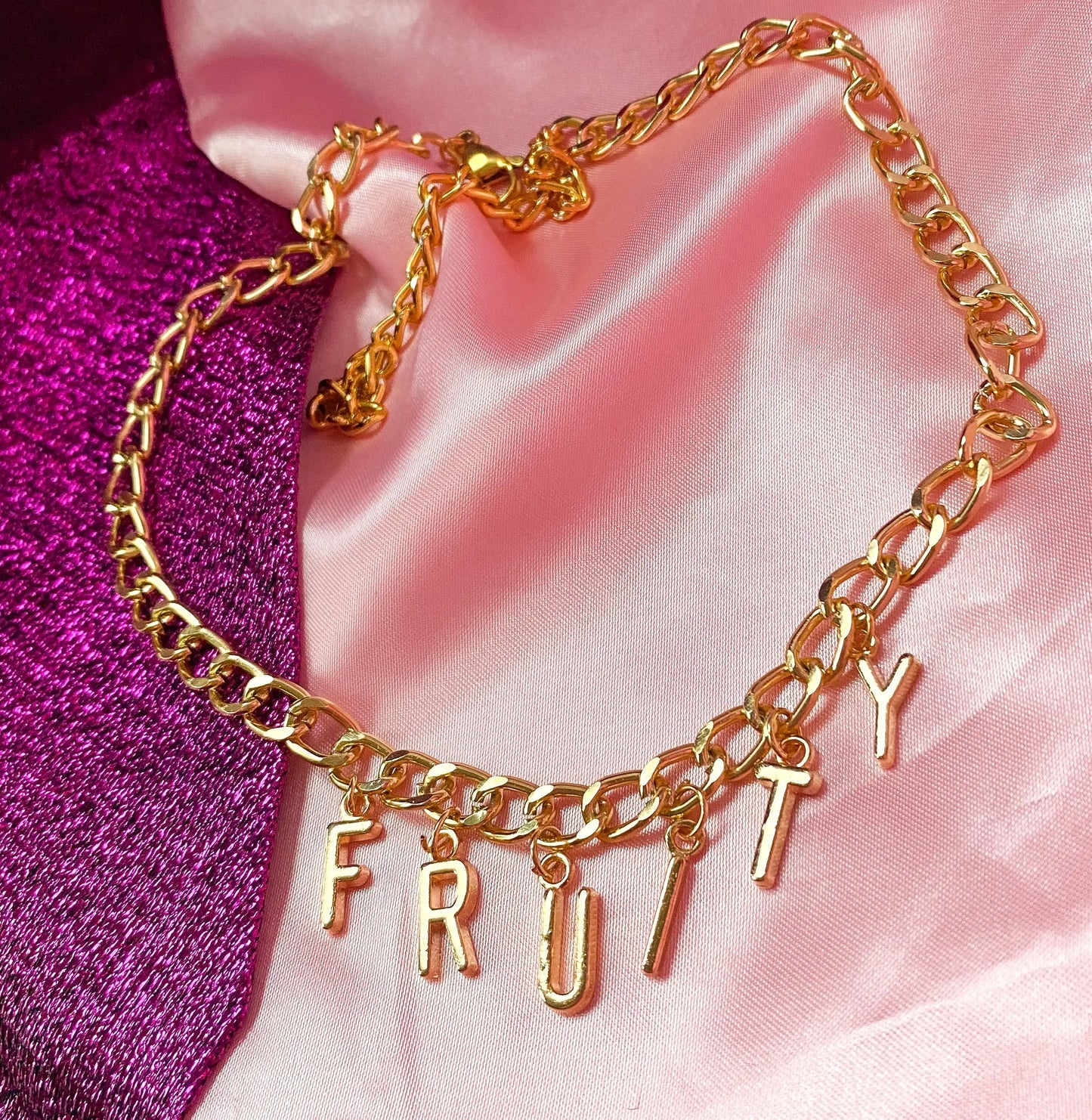 Chunky FRUITY gold colour letter charm necklace Leftbians